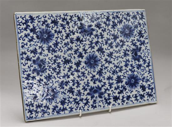 A Chinese blue and white large rectangular tile, 34.5 x 25.5cm